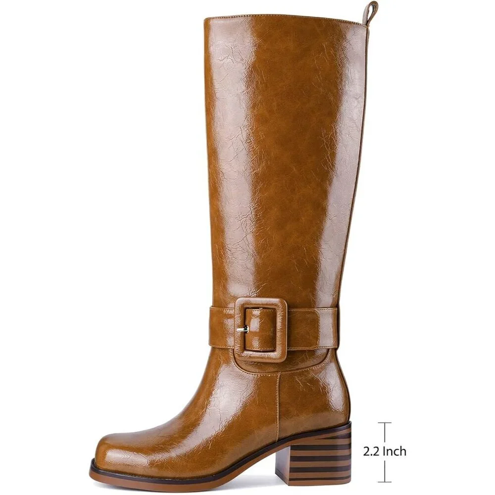 Women's B-brown Round Toe Wide Calf Chunky Low Heel Pull Knee High Boots Rubber